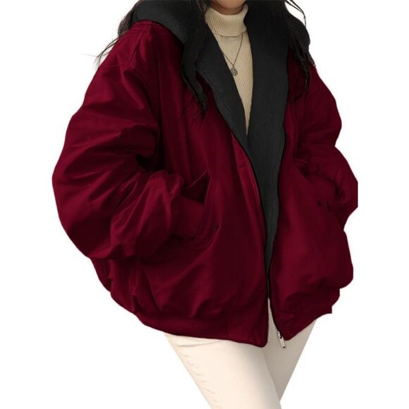 Women's Winter Coats Puffer Long Sleeve Oversized Full Zipper Warm Jackets Red - Picture 3 of 6